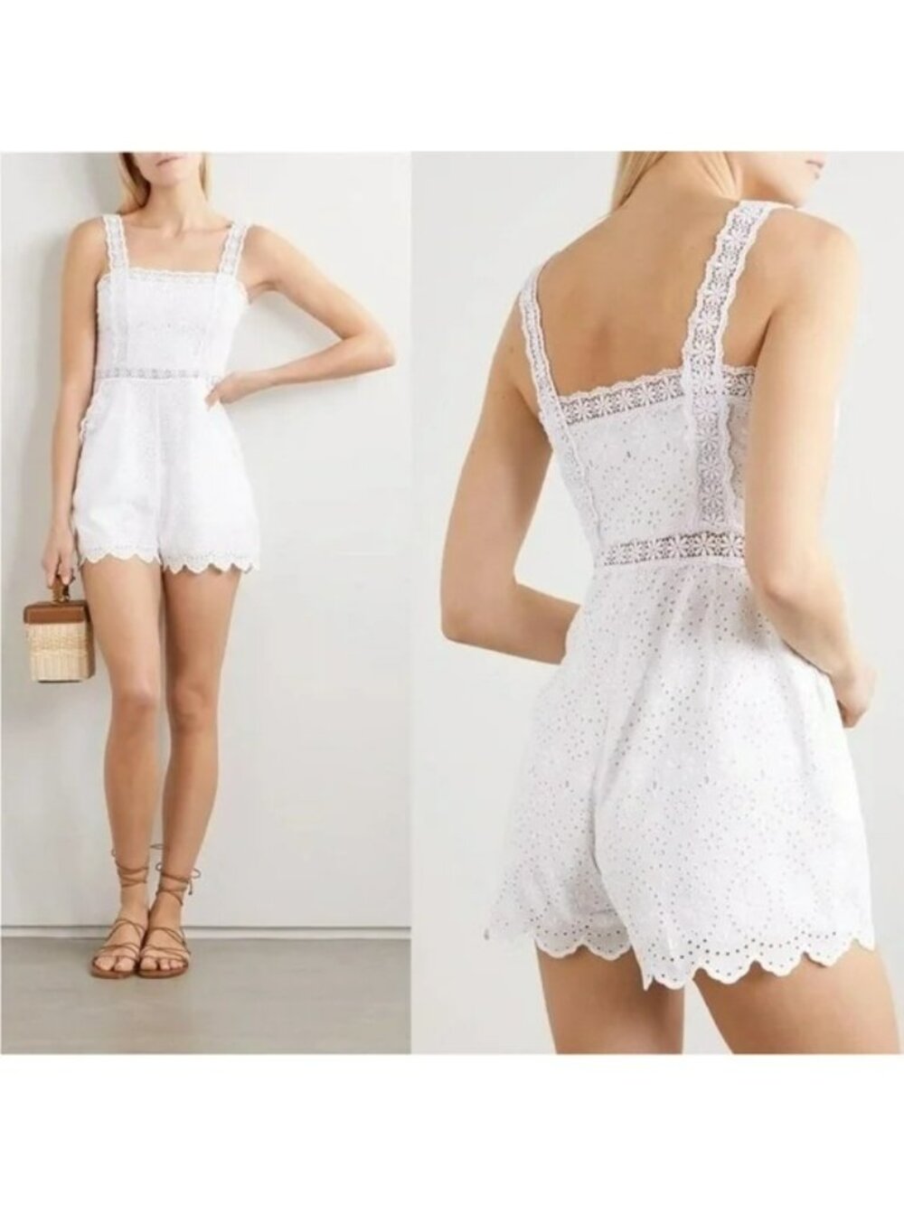 Charo Ruiz Zuma White Eyelet Lace Linen Embroidered Playsuit Romper Boho Beachy - Picture 2 of 14